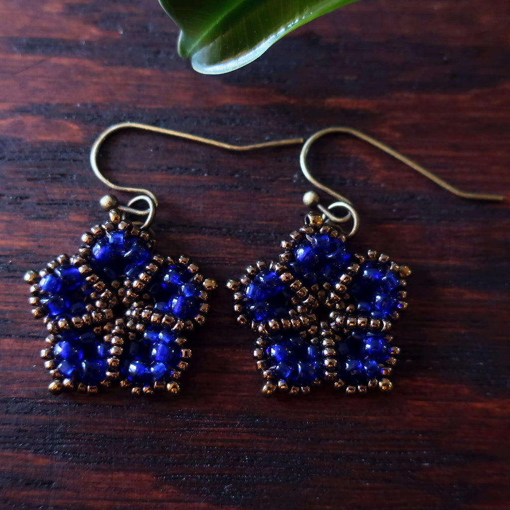 Temple Tree Mandala Flower Dangle Earrings - Cobalt Blue and Bronze