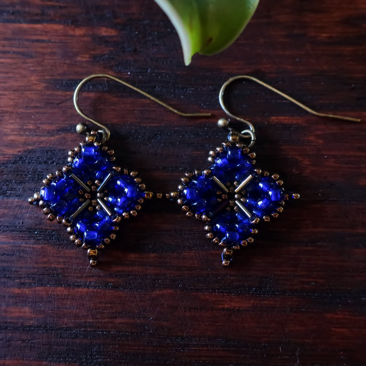 Temple Tree Quatrefoil Mandala Beaded Earrings - Cobalt and Bronze
