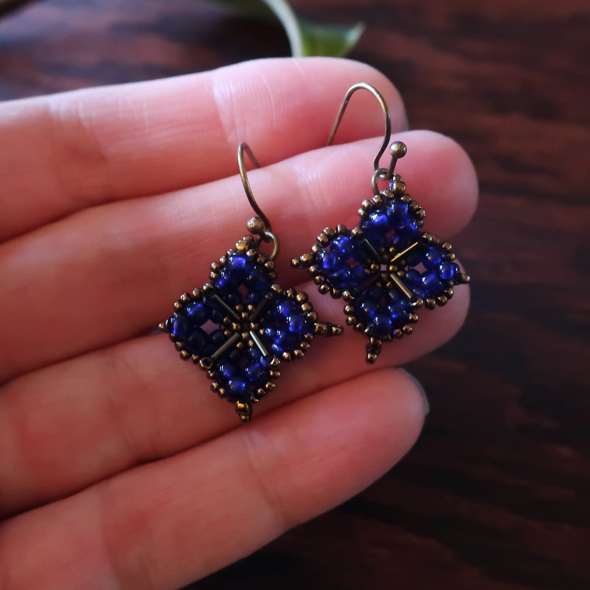 Temple Tree Quatrefoil Mandala Beaded Earrings - Cobalt and Bronze