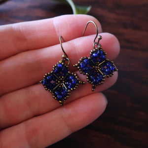 Temple Tree Quatrefoil Mandala Beaded Earrings - Cobalt and Bronze