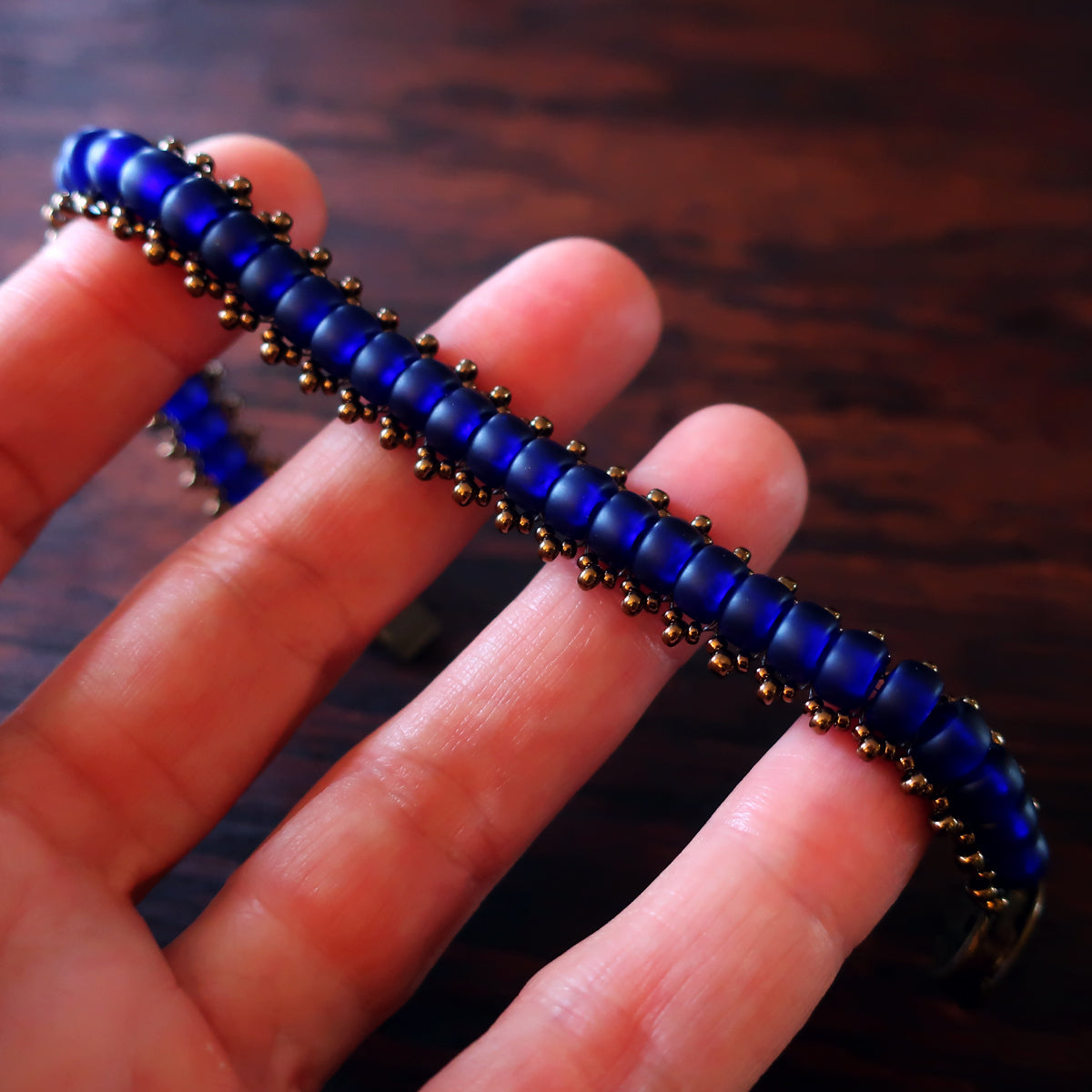 Temple Tree Boho Glass Bead Caterpillar Weave Bracelet - Cobalt and Bronze