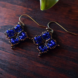 Temple Tree Quatrefoil Mandala Beaded Earrings - Cobalt and Bronze
