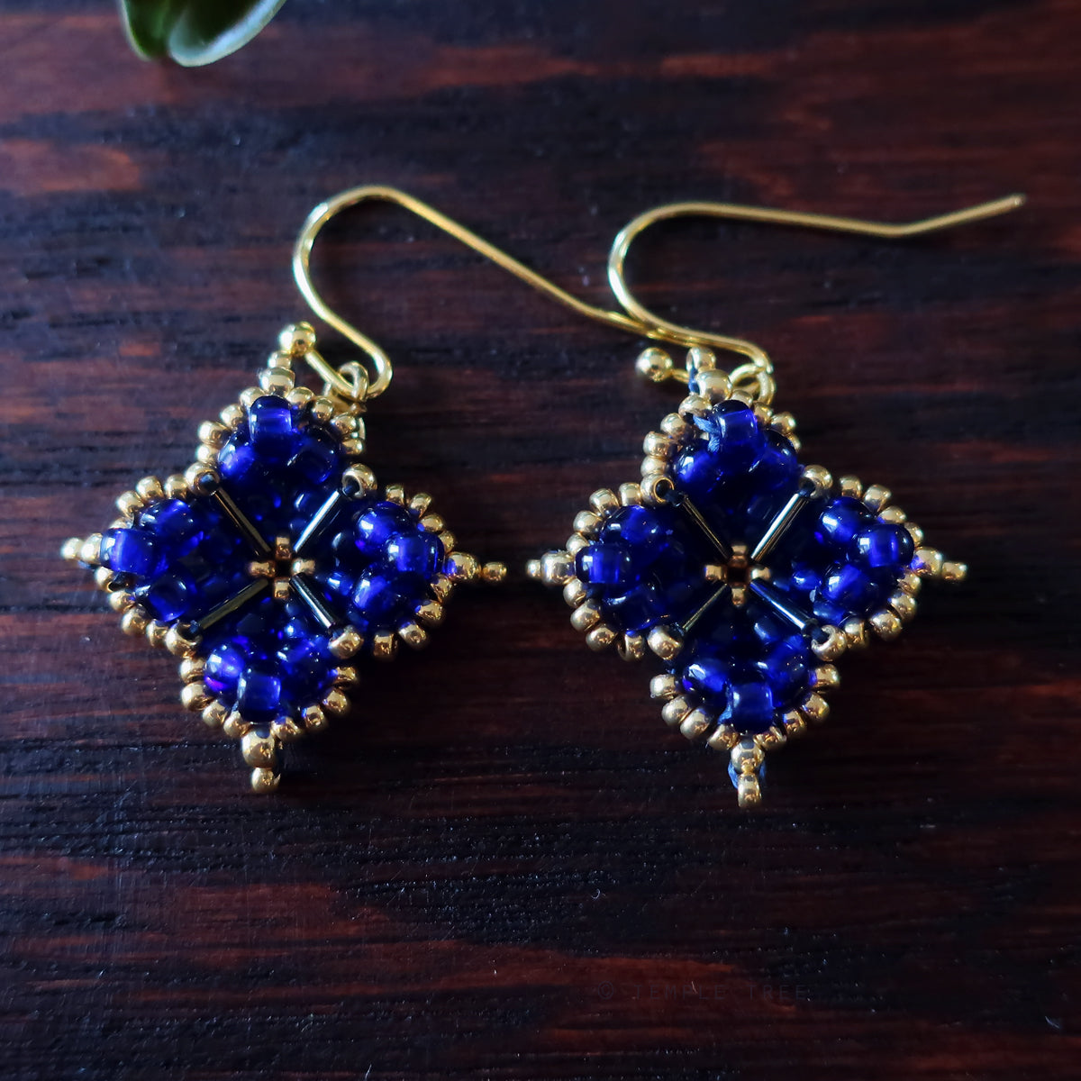 Temple Tree Quatrefoil Mandala Beaded Earrings - Cobalt and Gold