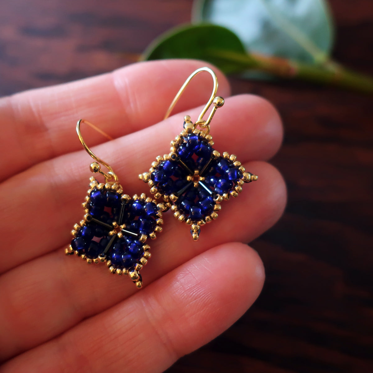 Temple Tree Quatrefoil Mandala Beaded Earrings - Cobalt and Gold