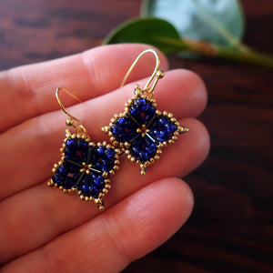 Temple Tree Quatrefoil Mandala Beaded Earrings - Cobalt and Gold