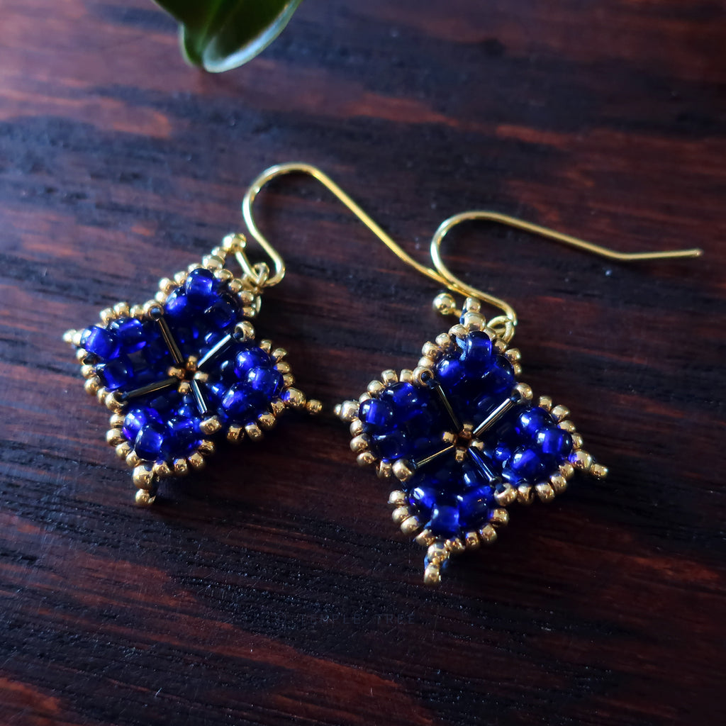 Temple Tree Quatrefoil Mandala Beaded Earrings - Cobalt and Gold
