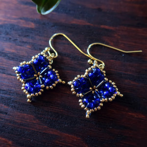 Temple Tree Quatrefoil Mandala Beaded Earrings - Cobalt and Gold