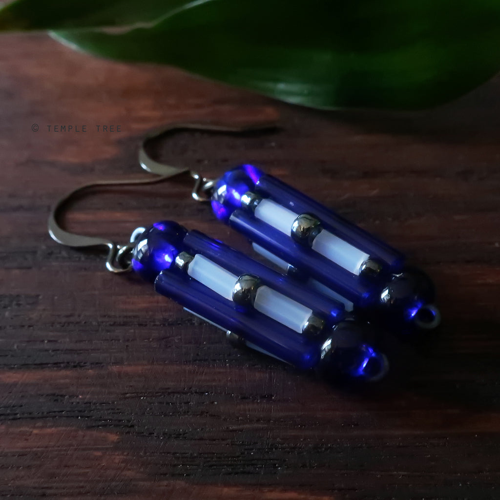 Circuit Breakers - Ancient Fuse Box Earrings by Temple Tree - Cobalt Hematite