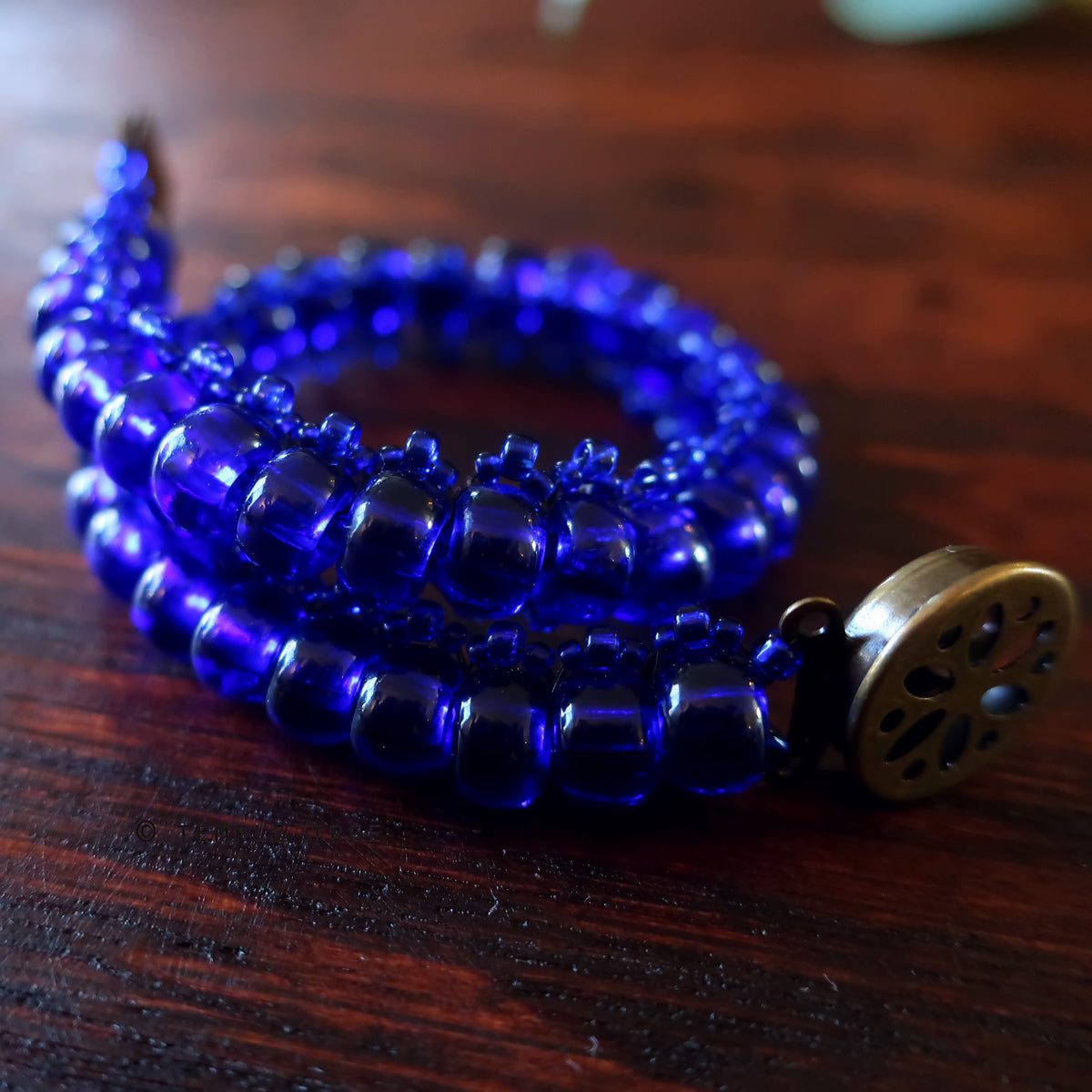 Temple Tree Bohemian Glass Bead Caterpillar Weave Bracelet - Cobalt