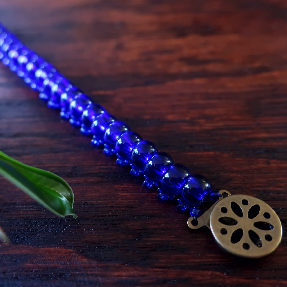 Temple Tree Bohemian Glass Bead Caterpillar Weave Bracelet - Cobalt