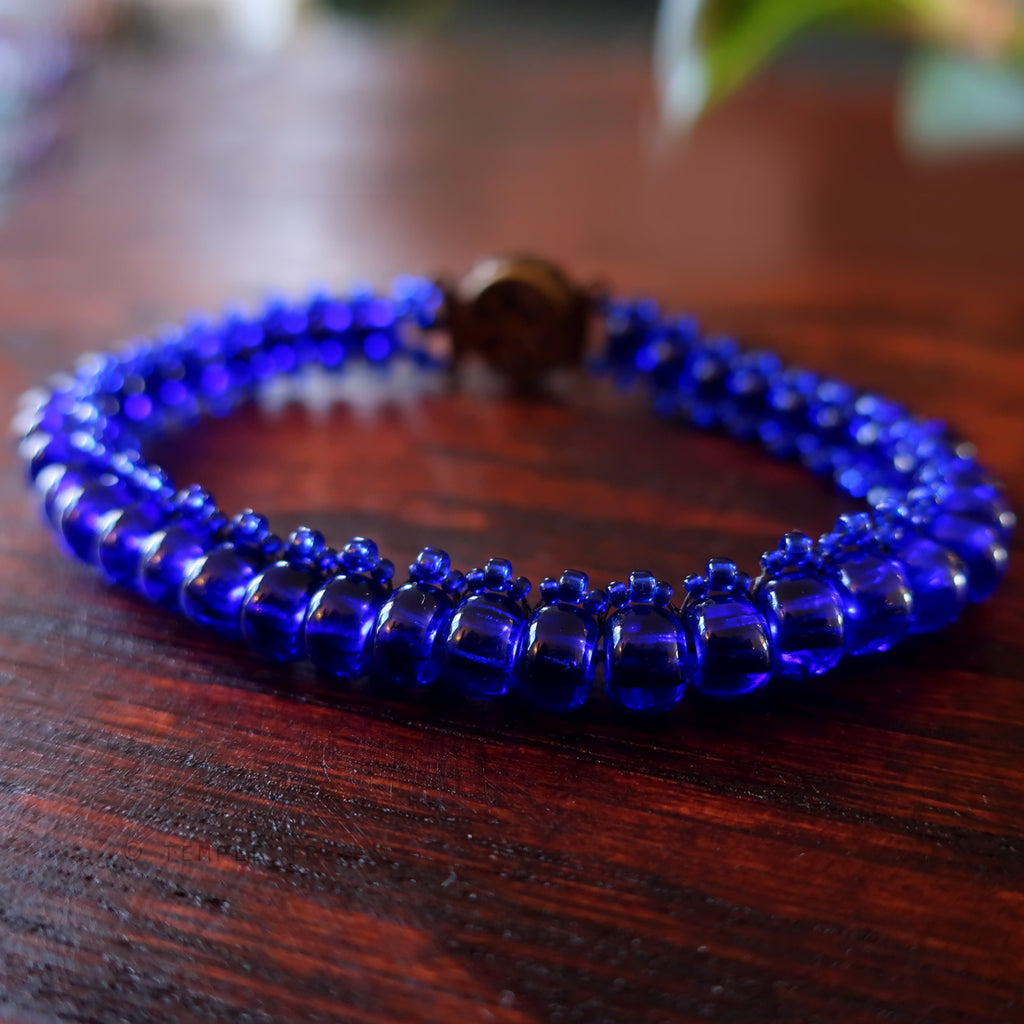 Temple Tree Bohemian Glass Bead Caterpillar Weave Bracelet - Cobalt
