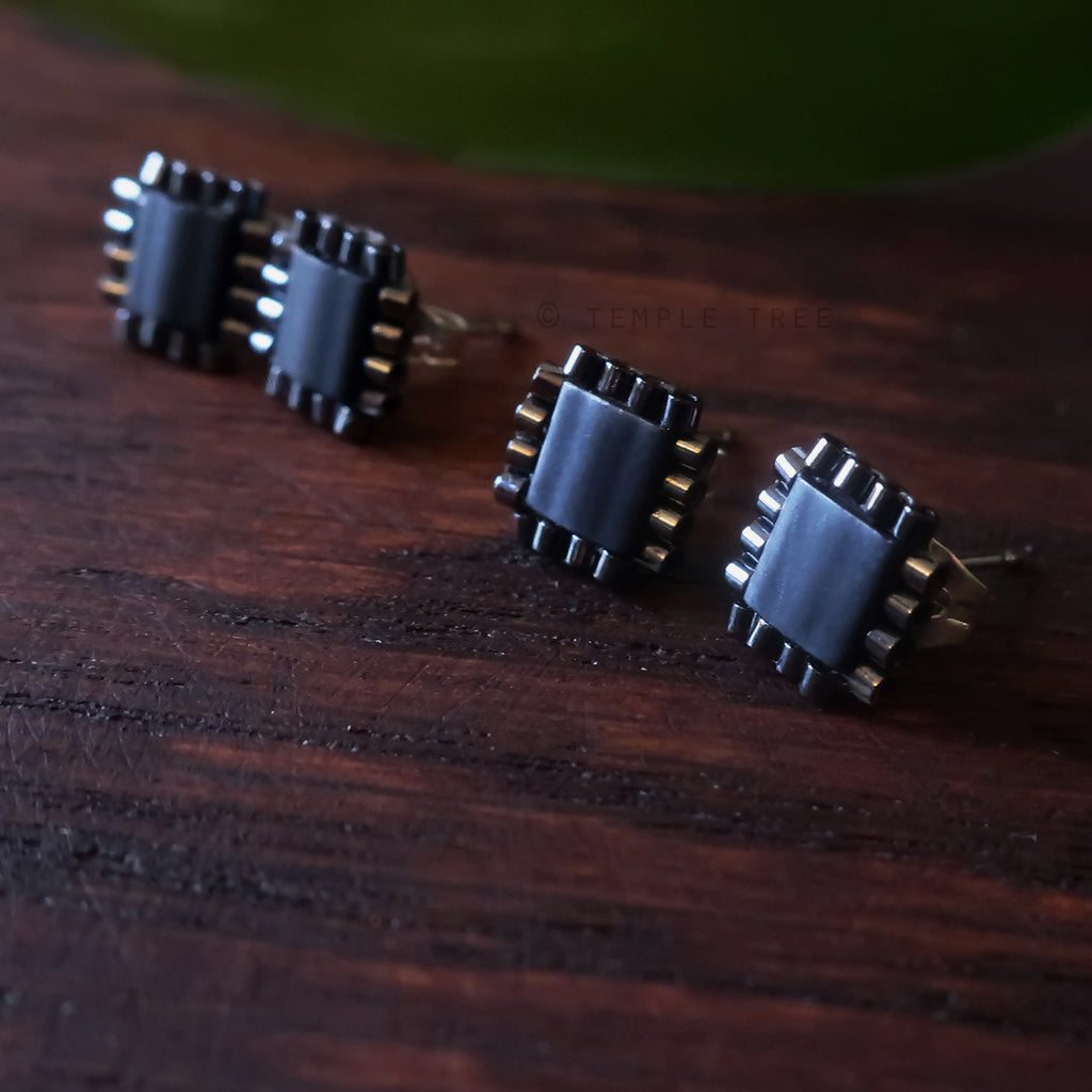 Tiny Computer Chip Stud Earrings by Temple Tree