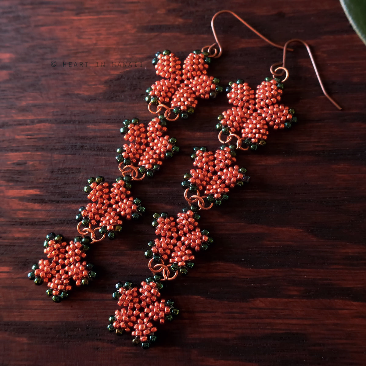 Heart in Hawaii 4x Plumeria Beaded Long Dangles - Copper and Green