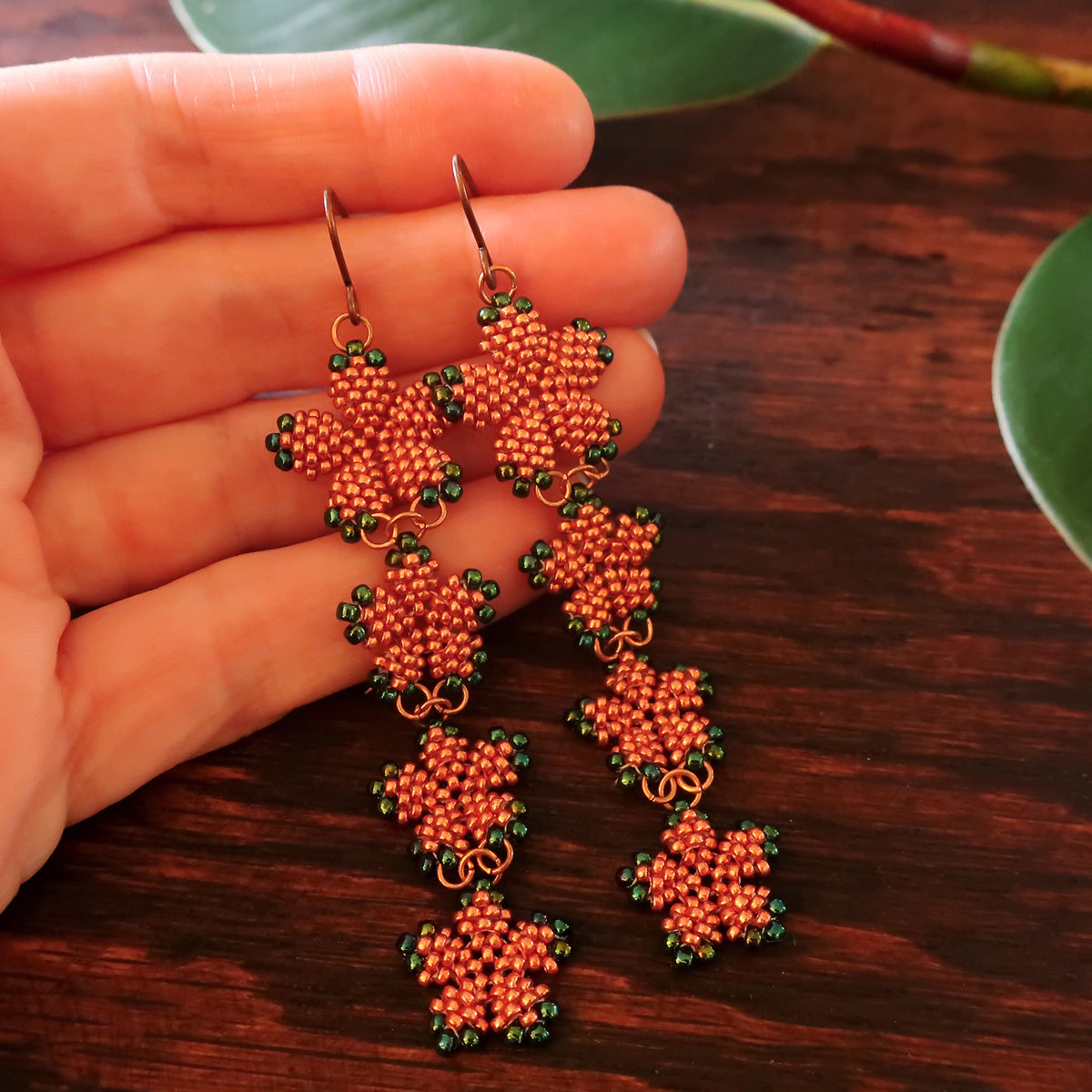 Heart in Hawaii 4x Plumeria Beaded Long Dangles - Copper and Green