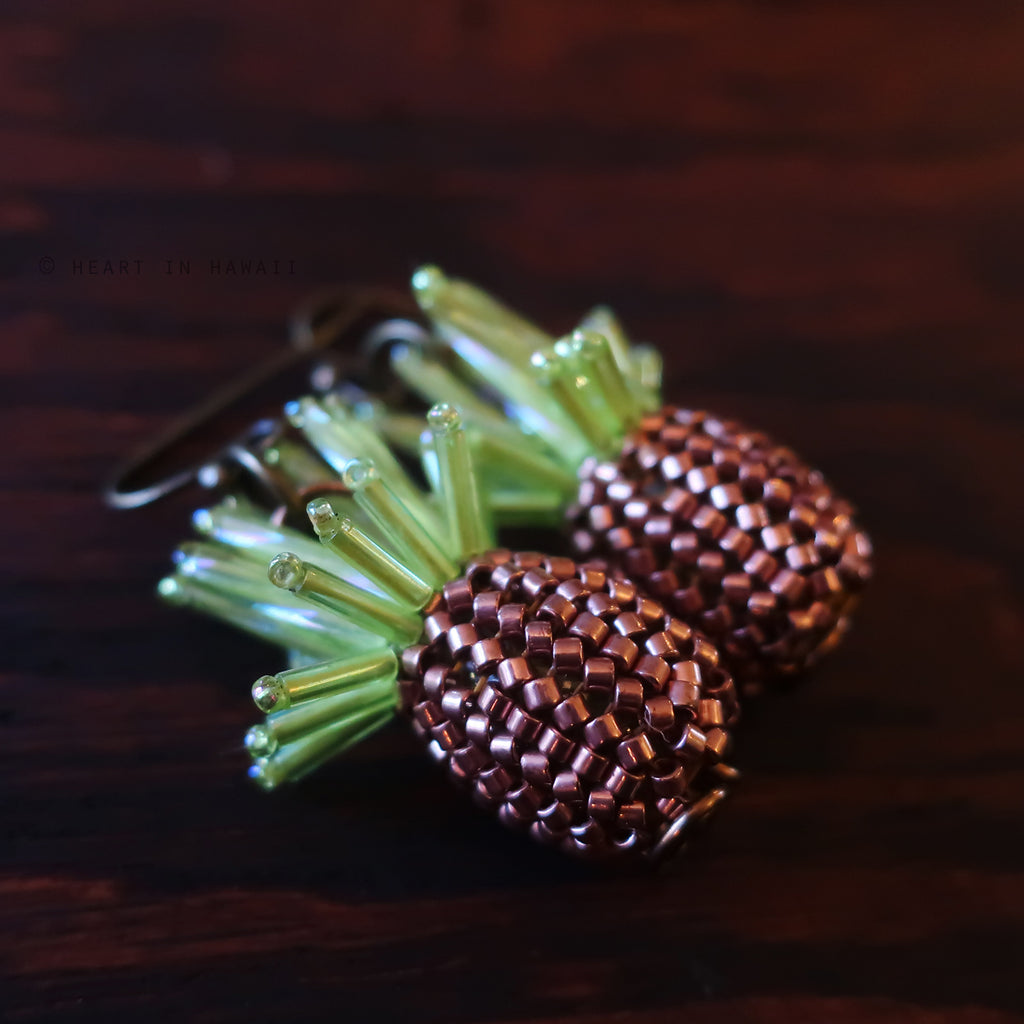 Heart in Hawaii Beaded Pineapple Earrings - Copper with Bronze