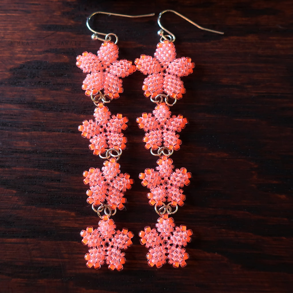 Heart in Hawaii 4x Plumeria Beaded Long Dangles - Neon Coral