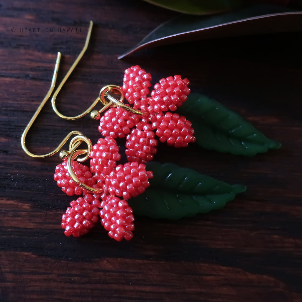 Heart in Hawaii Plumeria Flowers and Tropical Leaves - Coral Red