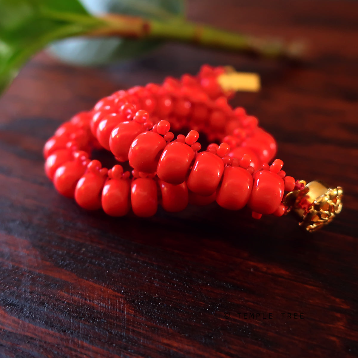 Temple Tree Bohemian Glass Bead Caterpillar Weave Bracelet - Coral Red