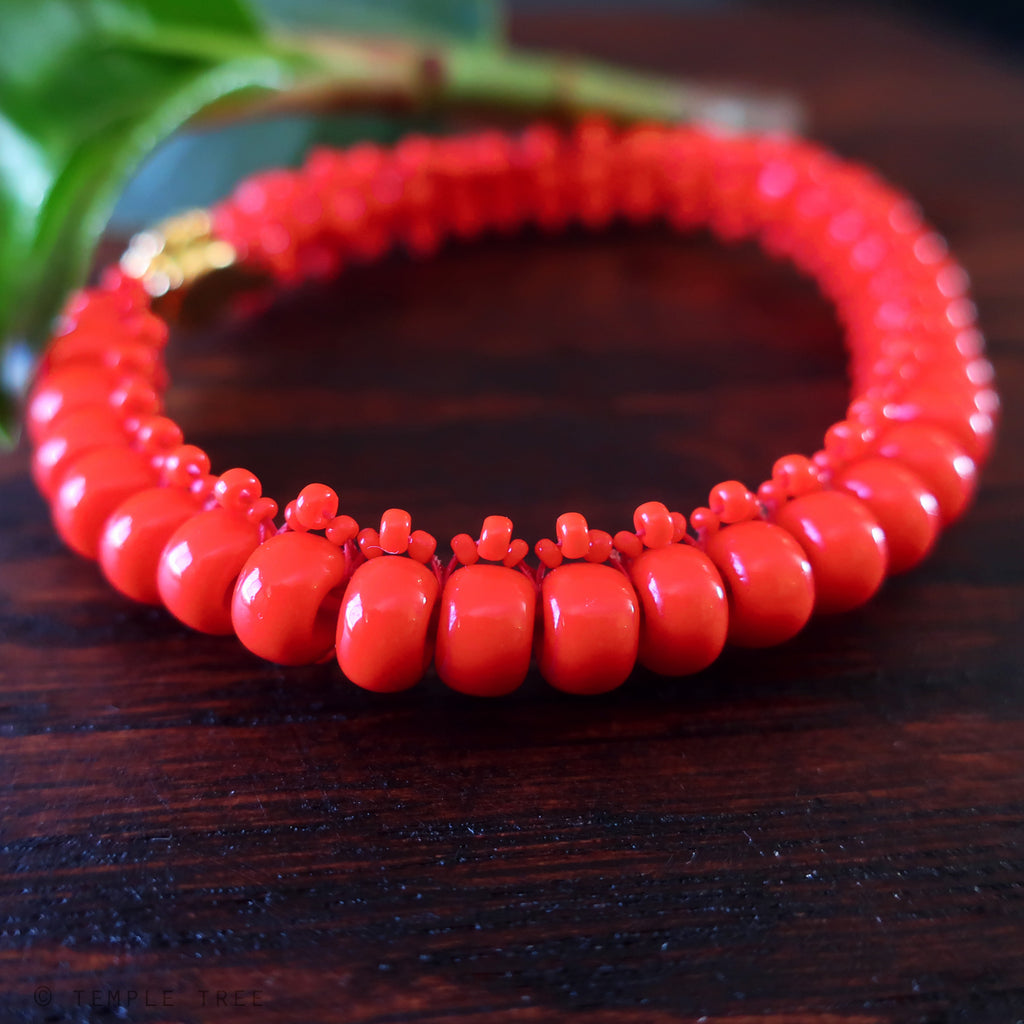Temple Tree Bohemian Glass Bead Caterpillar Weave Bracelet - Coral Red