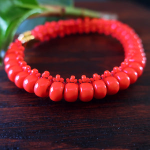 Temple Tree Bohemian Glass Bead Caterpillar Weave Bracelet - Coral Red