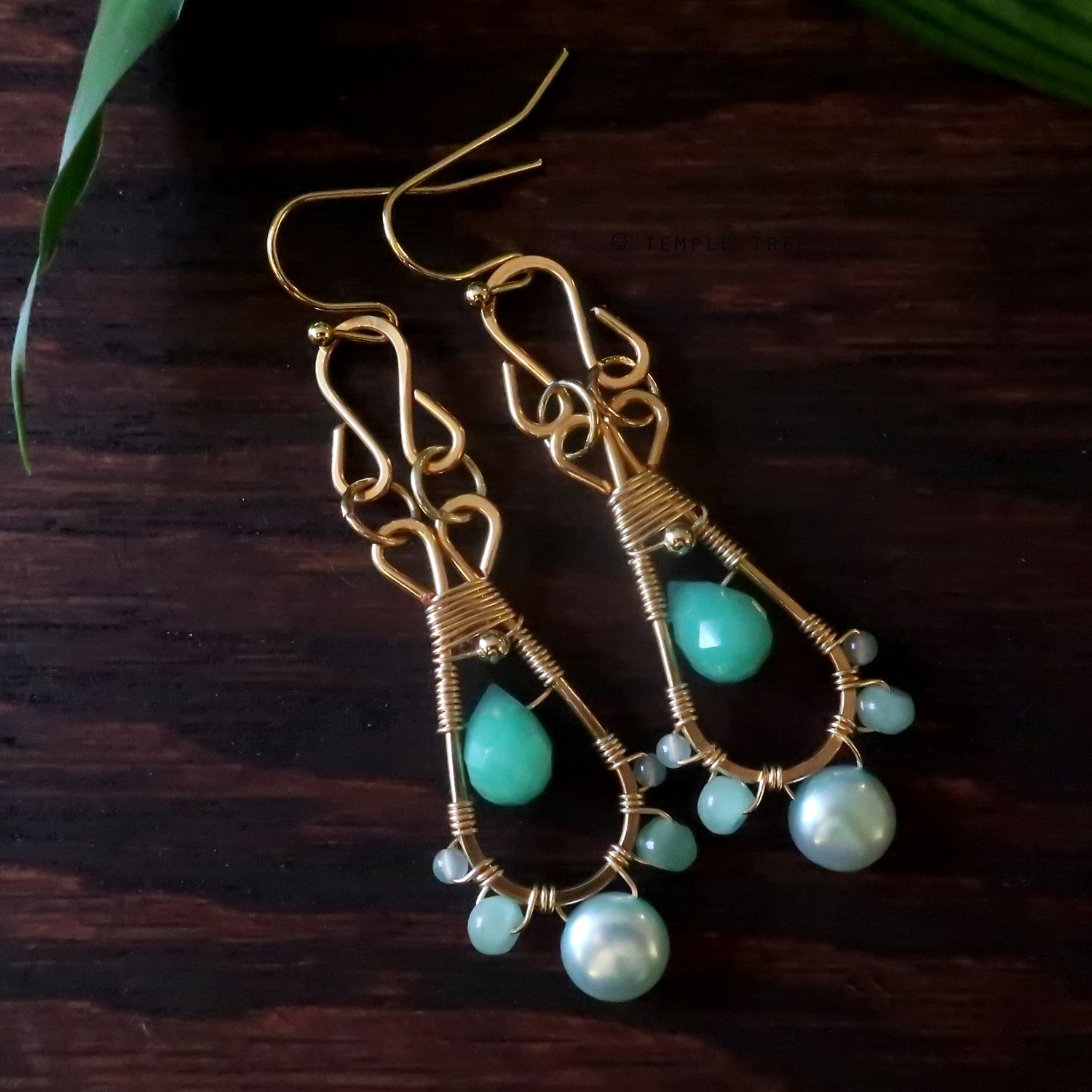 Temple Tree Pendulum Dangle Earrings in Gold-tone - Crysoprase