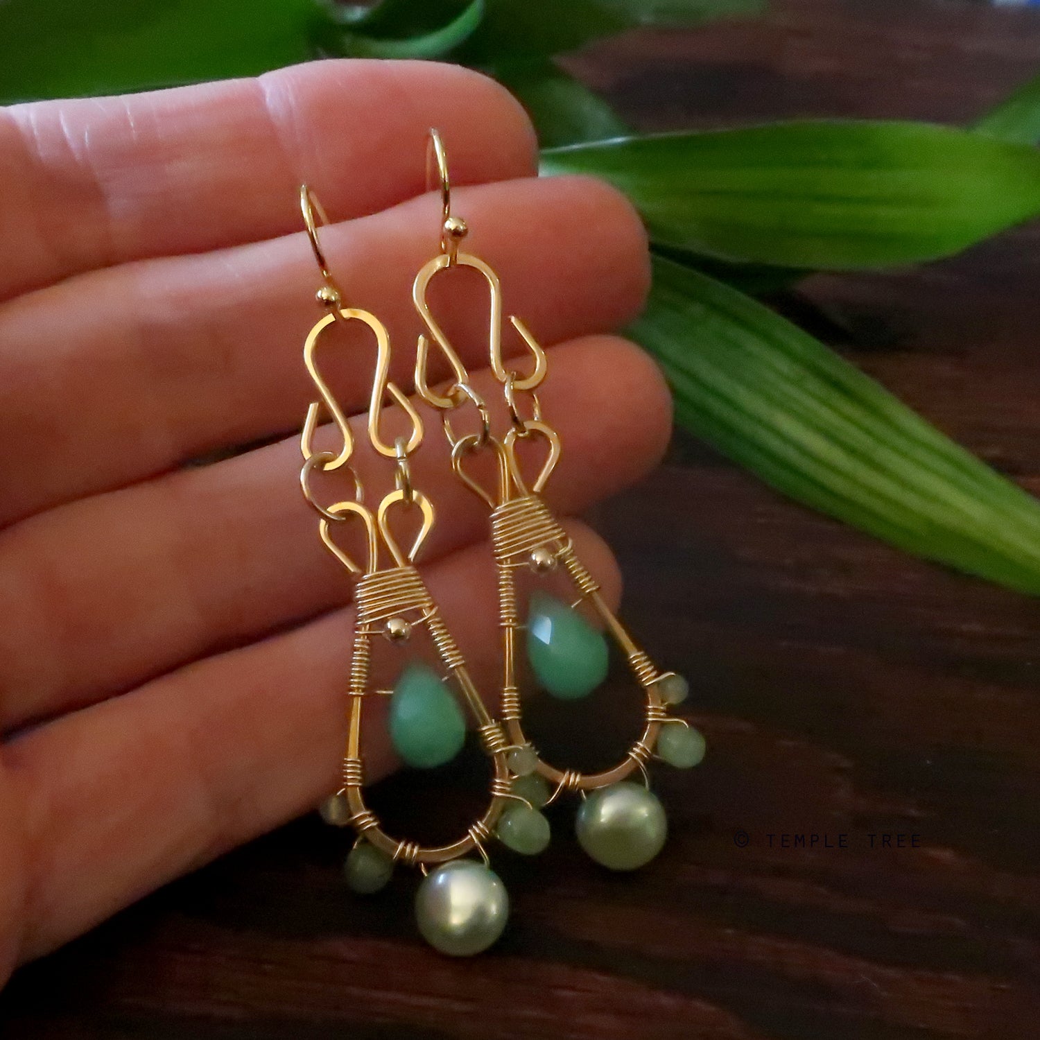 Temple Tree Pendulum Dangle Earrings in Gold-tone - Crysoprase