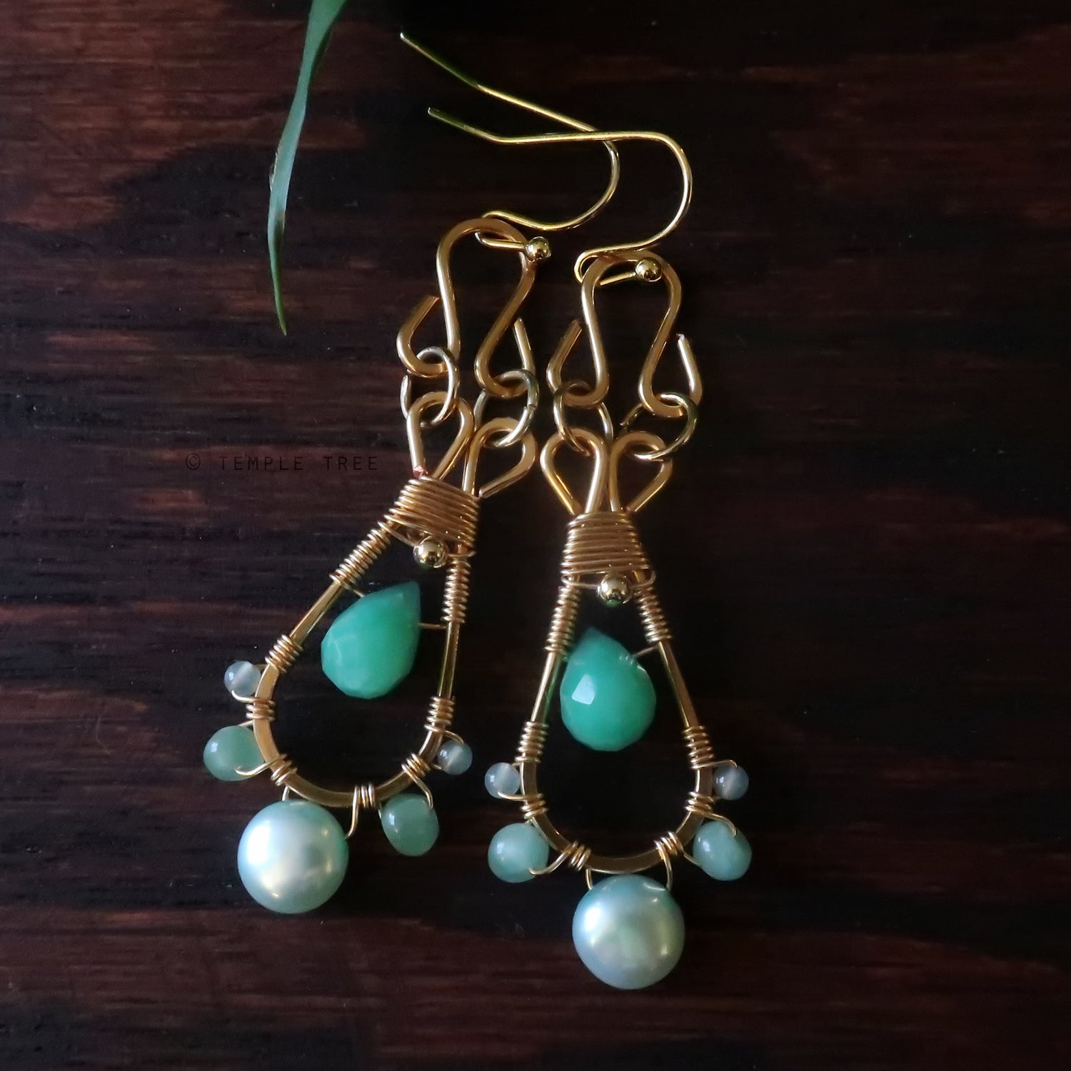 Temple Tree Pendulum Dangle Earrings in Gold-tone - Crysoprase