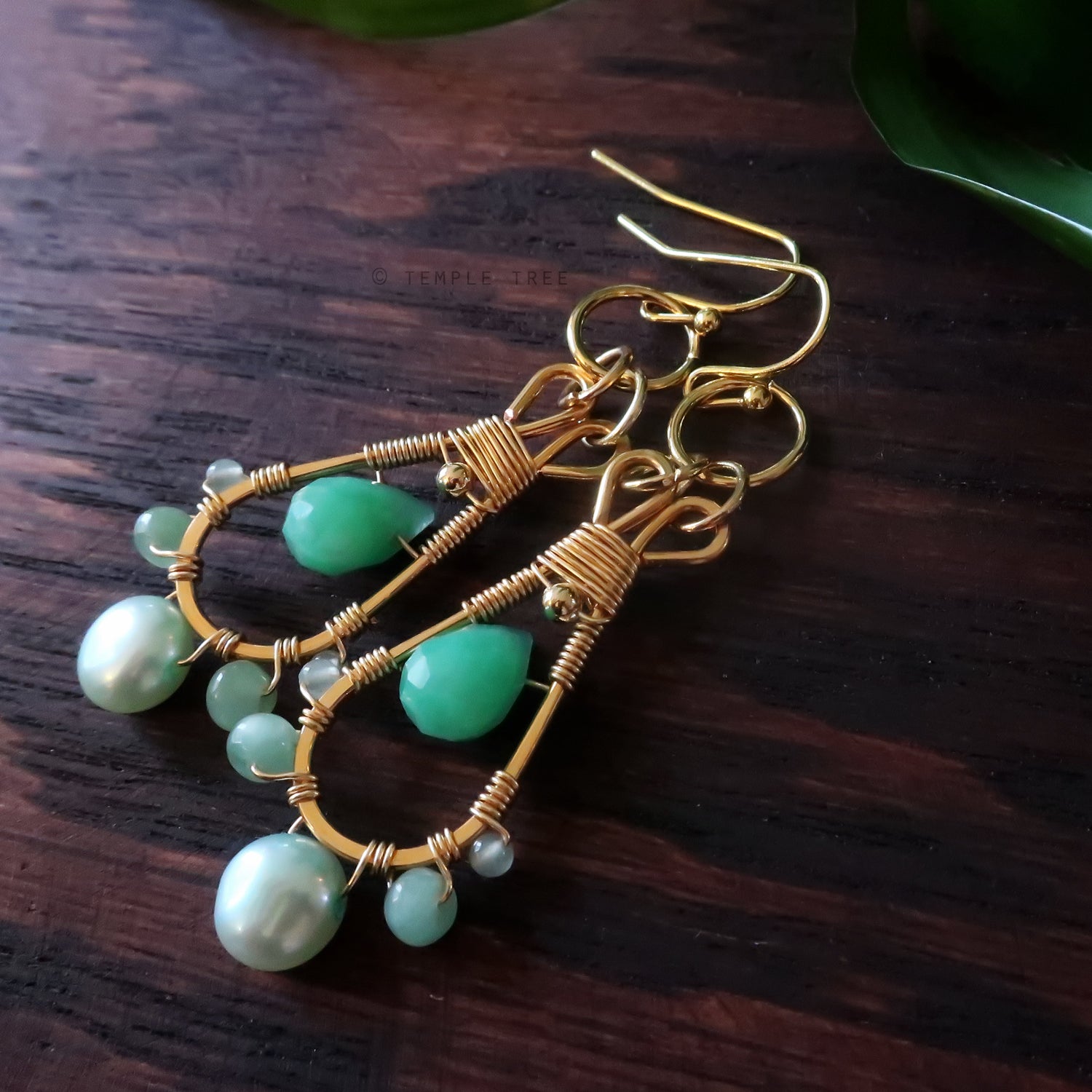 Temple Tree Pendulum Dangle Earrings in Gold-tone - Crysoprase