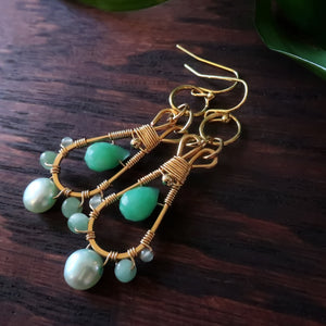 Temple Tree Pendulum Dangle Earrings in Gold-tone - Crysoprase