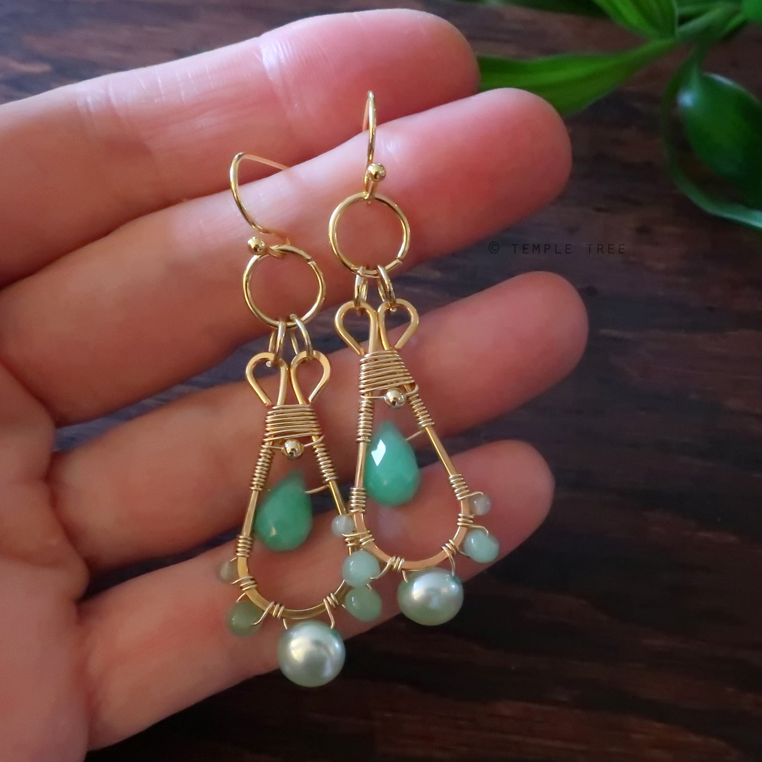 Temple Tree Pendulum Dangle Earrings in Gold-tone - Crysoprase