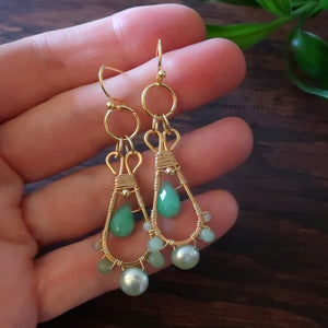 Temple Tree Pendulum Dangle Earrings in Gold-tone - Crysoprase