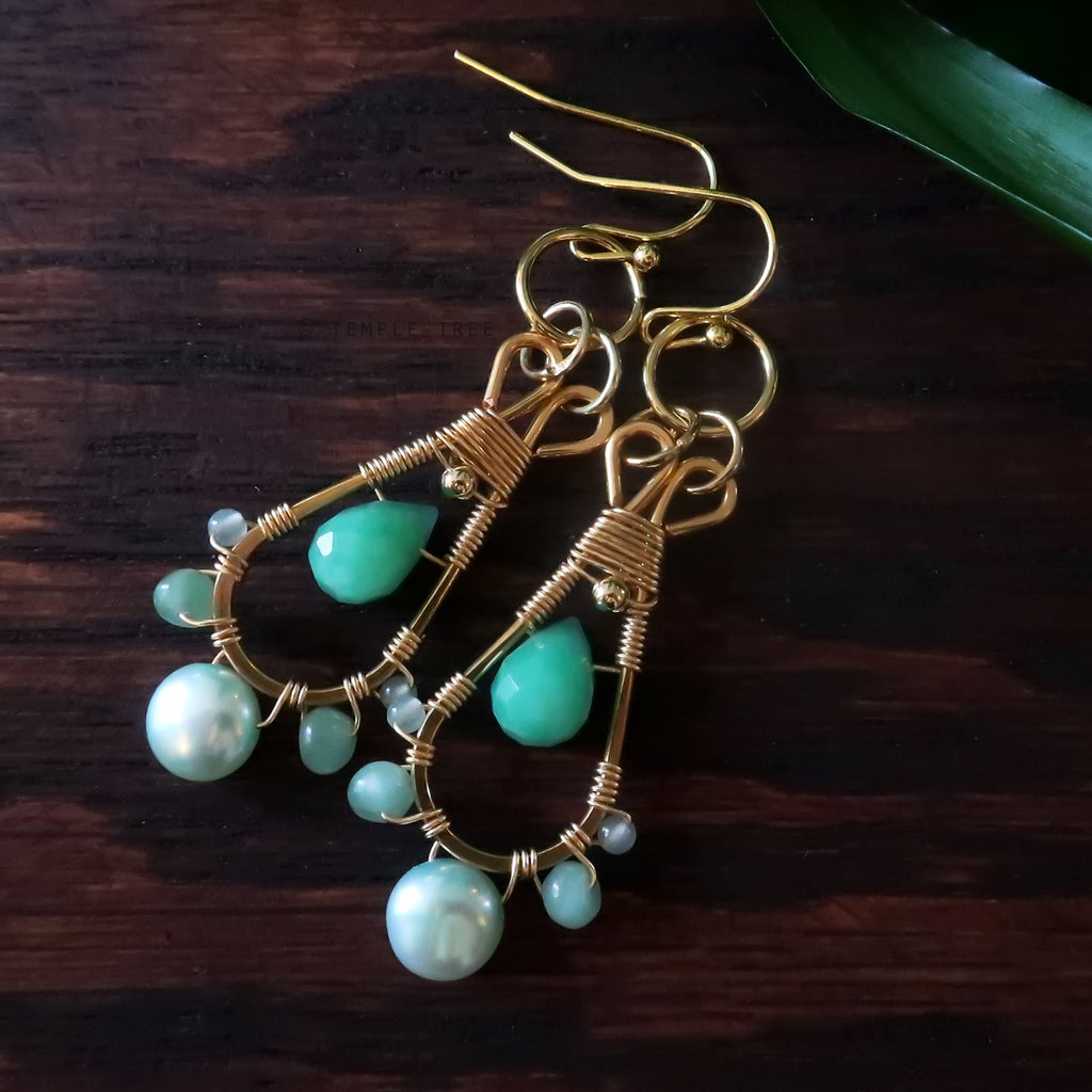 Temple Tree Pendulum Dangle Earrings in Gold-tone - Crysoprase