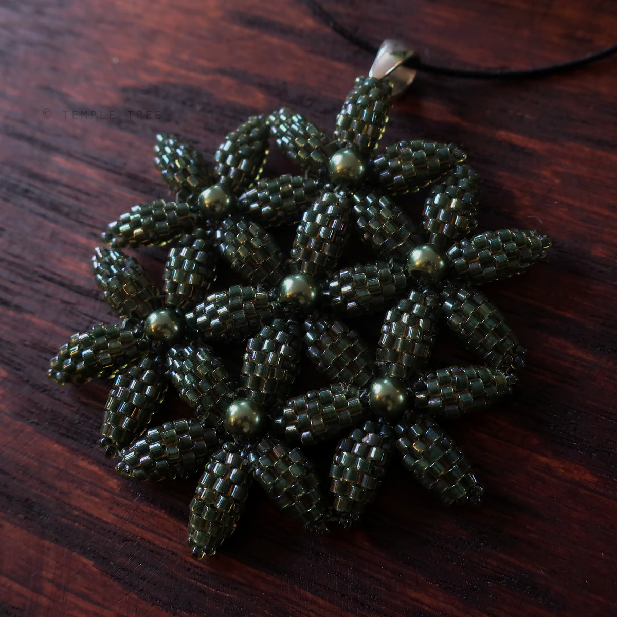Temple Tree Flower of Life Beaded Pendant - Dark Green