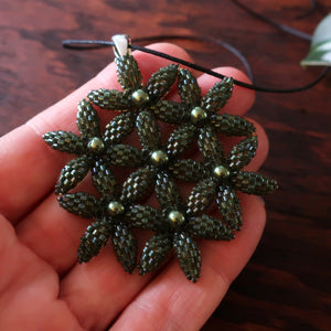 Temple Tree Flower of Life Beaded Pendant - Dark Green