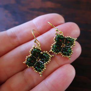 Temple Tree Quatrefoil Mandala Beaded Earrings - Dark Green and Gold