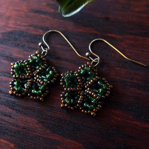 Temple Tree Mandala Flower Beaded Dangle Earrings - Green and Bronze