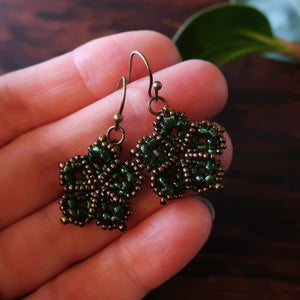 Temple Tree Mandala Flower Beaded Dangle Earrings - Green and Bronze