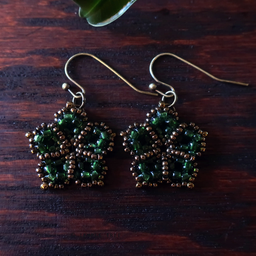 Temple Tree Mandala Flower Beaded Dangle Earrings - Green and Bronze