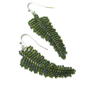 Heart in Hawaii Small Beaded Fern Frond Earrings - Forest Green