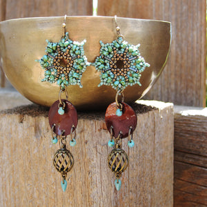 Temple Tree Dharma Wheel Beaded Earrings - Faux Turquoise with Bronze