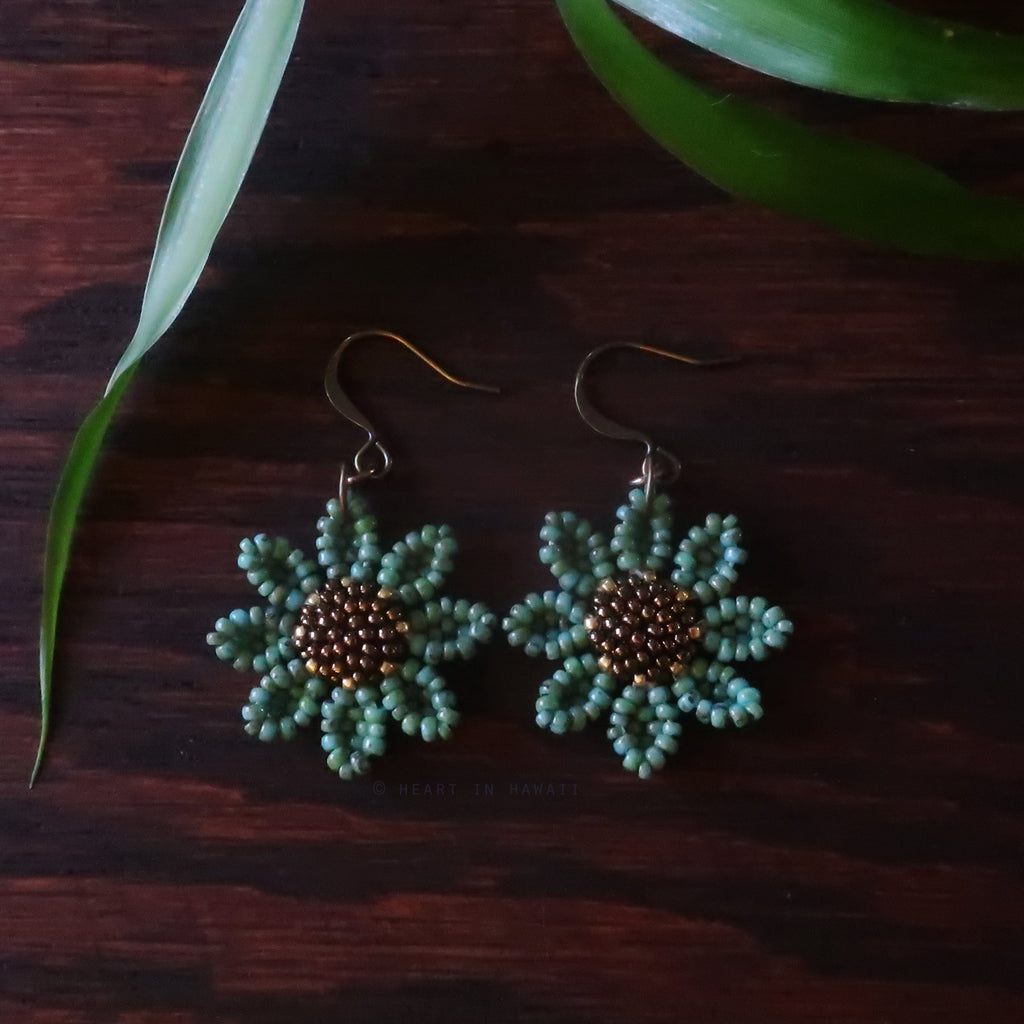 Heart in Hawaii Beaded Cosmos Flower Earrings - Faux Turquoise