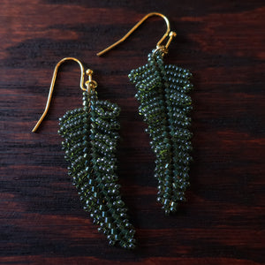 Heart in Hawaii Small Beaded Fern Frond Earrings - forest green