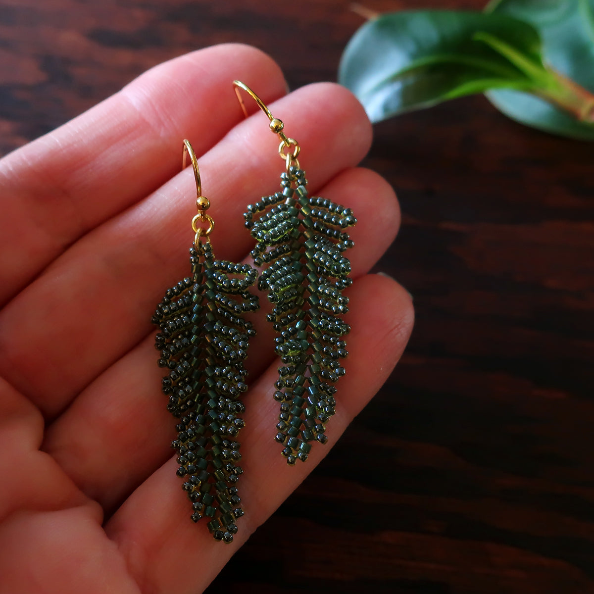 Heart in Hawaii Small Beaded Fern Frond Earrings - forest green