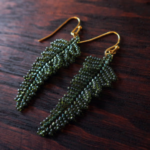Heart in Hawaii Small Beaded Fern Frond Earrings - forest green