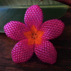 Heart in Hawaii 2 Inch Beaded Plumeria Flower Brooch - Fuchsia with Orange