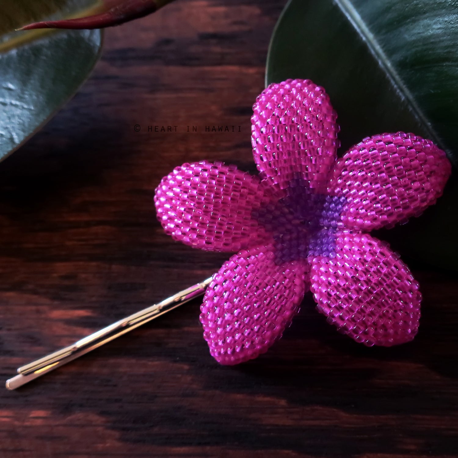 Heart in Hawaii 2.5 Inch Beaded Plumeria Flower - Fuchsia and Purple