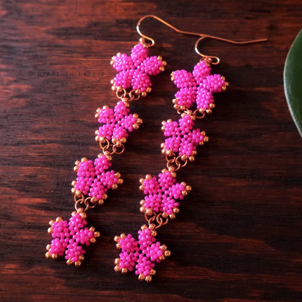 Heart in Hawaii 4x Plumeria Beaded Long Dangles - Fuchsia and Rosegold