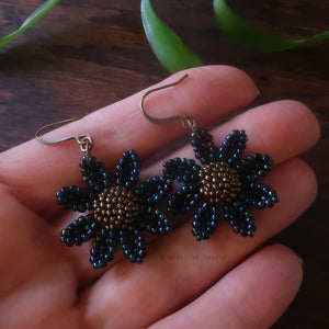 Heart in Hawaii Beaded Cosmos Flower Earrings - Galactic Blue and Bronze