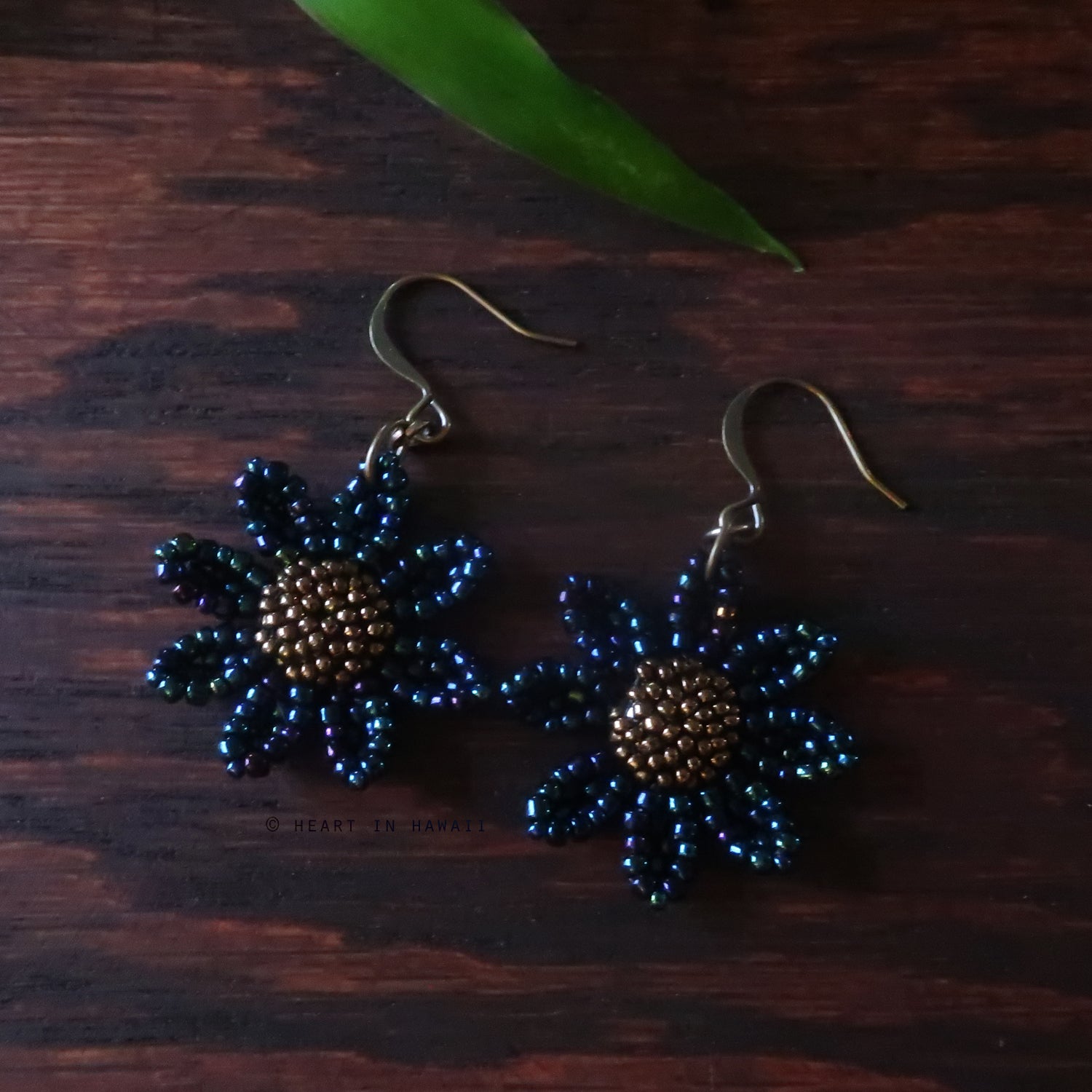 Heart in Hawaii Beaded Cosmos Flower Earrings - Galactic Blue and Bronze