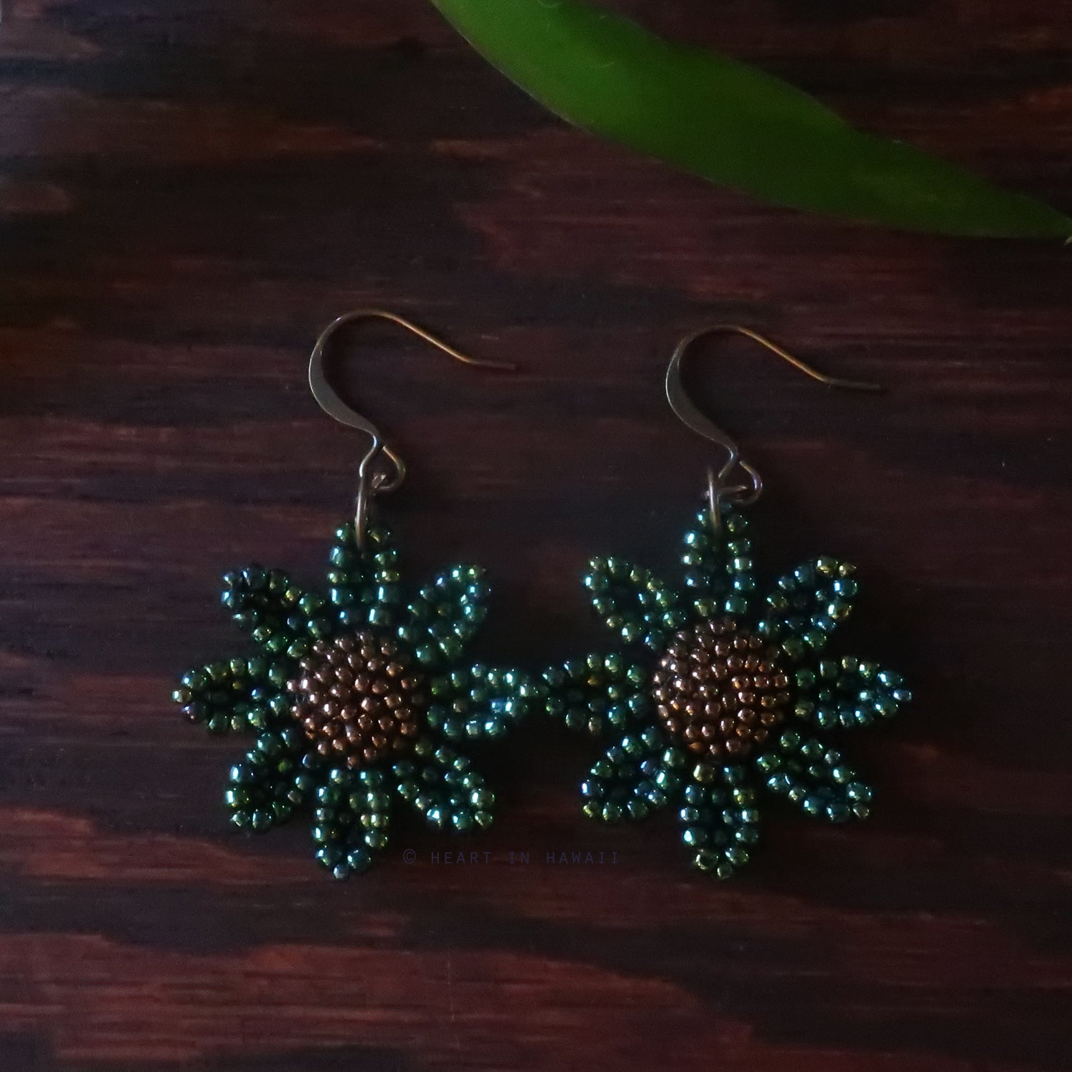 Heart in Hawaii Beaded Cosmos Flower Earrings - Galactic Green and Bronze